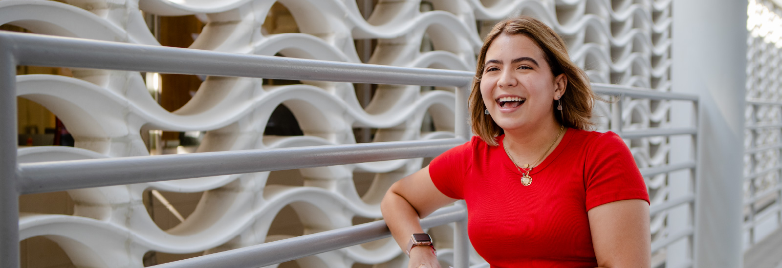 Student Andrea Godoy poses in the Engineering breezeway.